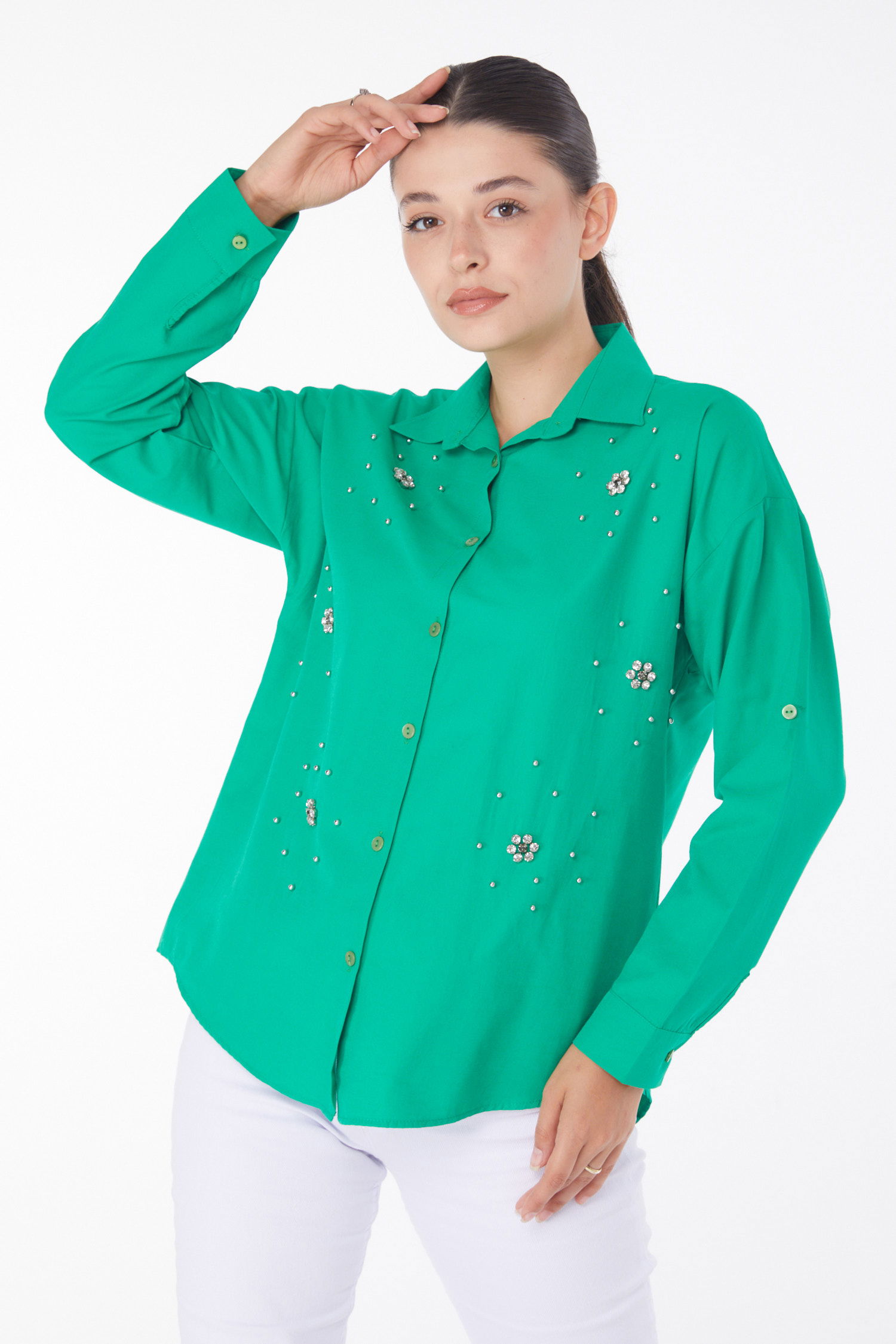 Düz Gömlek Yaka Kadın Yesil Taşlı Gömlek - 25910 - 2