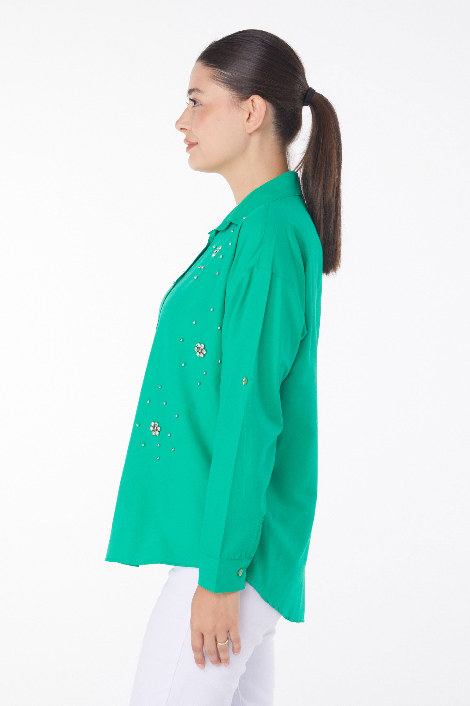 Düz Gömlek Yaka Kadın Yesil Taşlı Gömlek - 25910 - 3