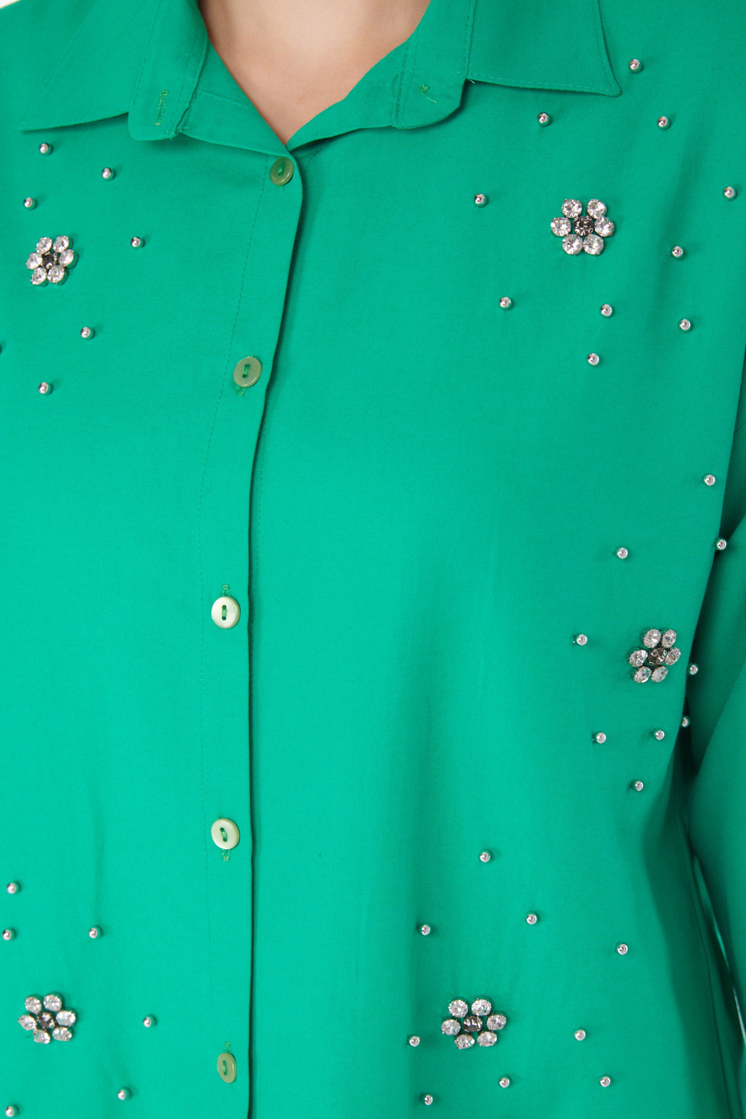 Düz Gömlek Yaka Kadın Yesil Taşlı Gömlek - 25910 - 5