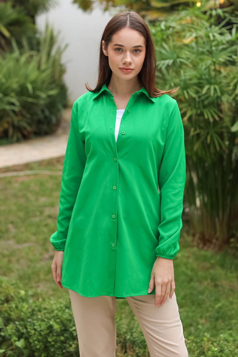 Düz Gömlek Yaka Kadın Yesil Tunik - 13126 - TOFİSA