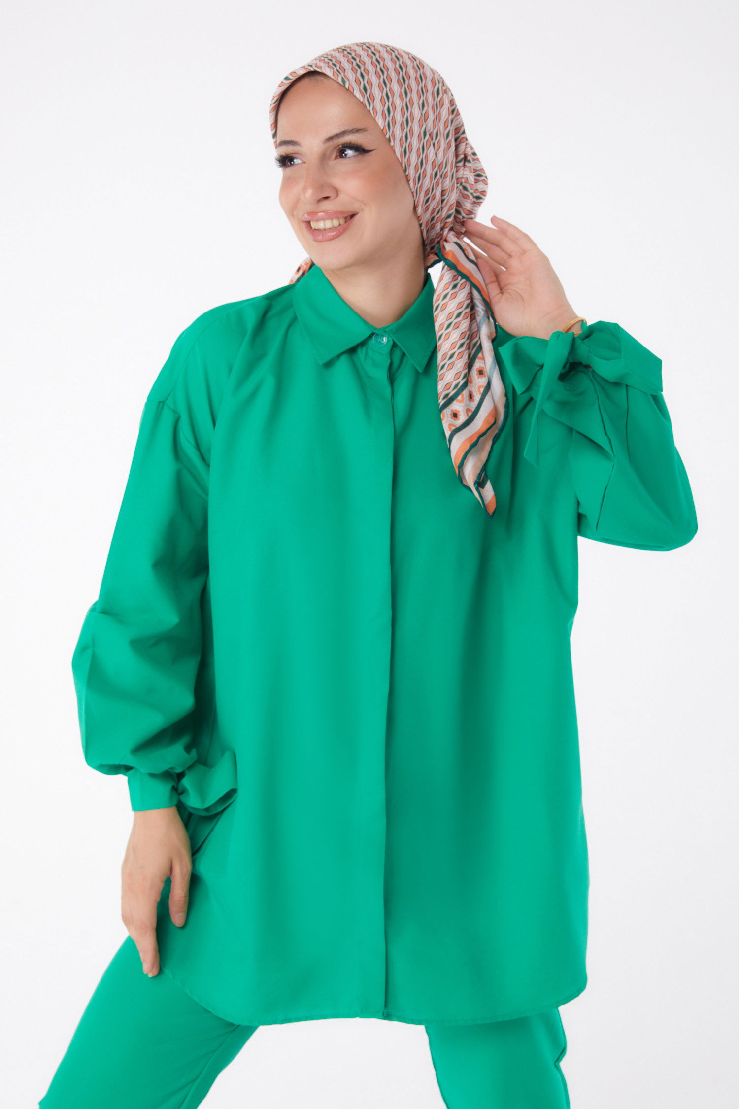 Düz Gömlek Yaka Kadın Yesil Tunik Pantolon İkili Takım - 13182 - 1