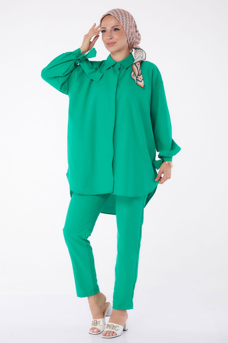 Düz Gömlek Yaka Kadın Yesil Tunik Pantolon İkili Takım - 13182 - TOFİSA