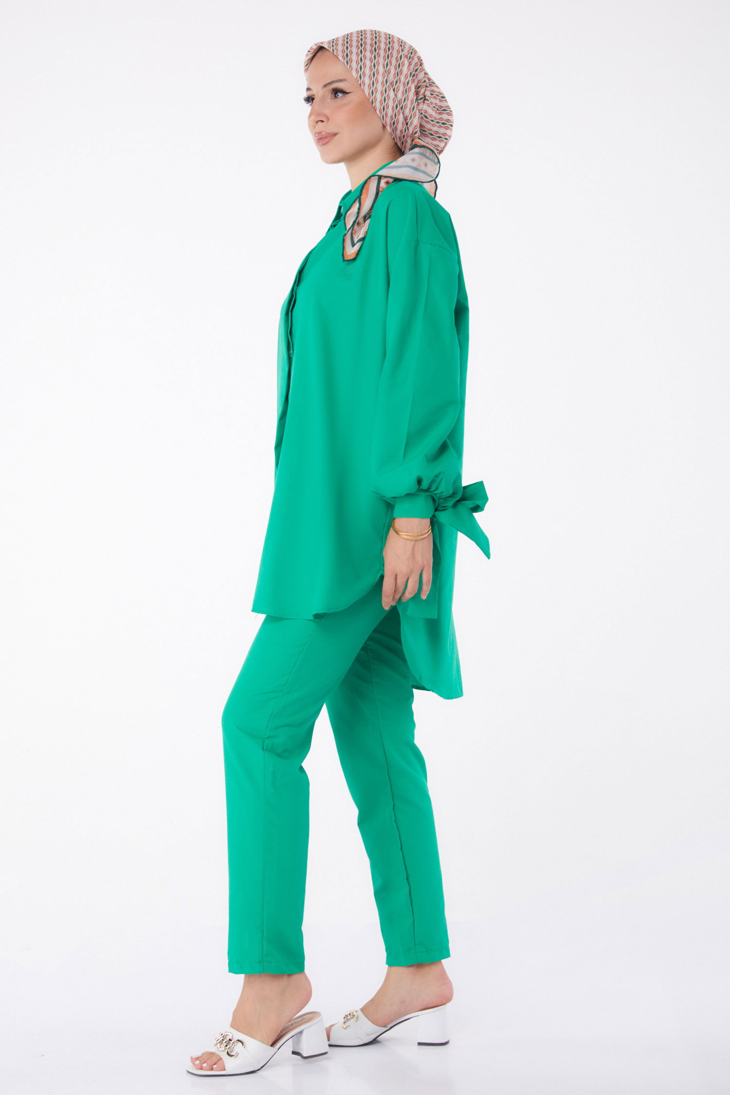 Düz Gömlek Yaka Kadın Yesil Tunik Pantolon İkili Takım - 13182 - 3
