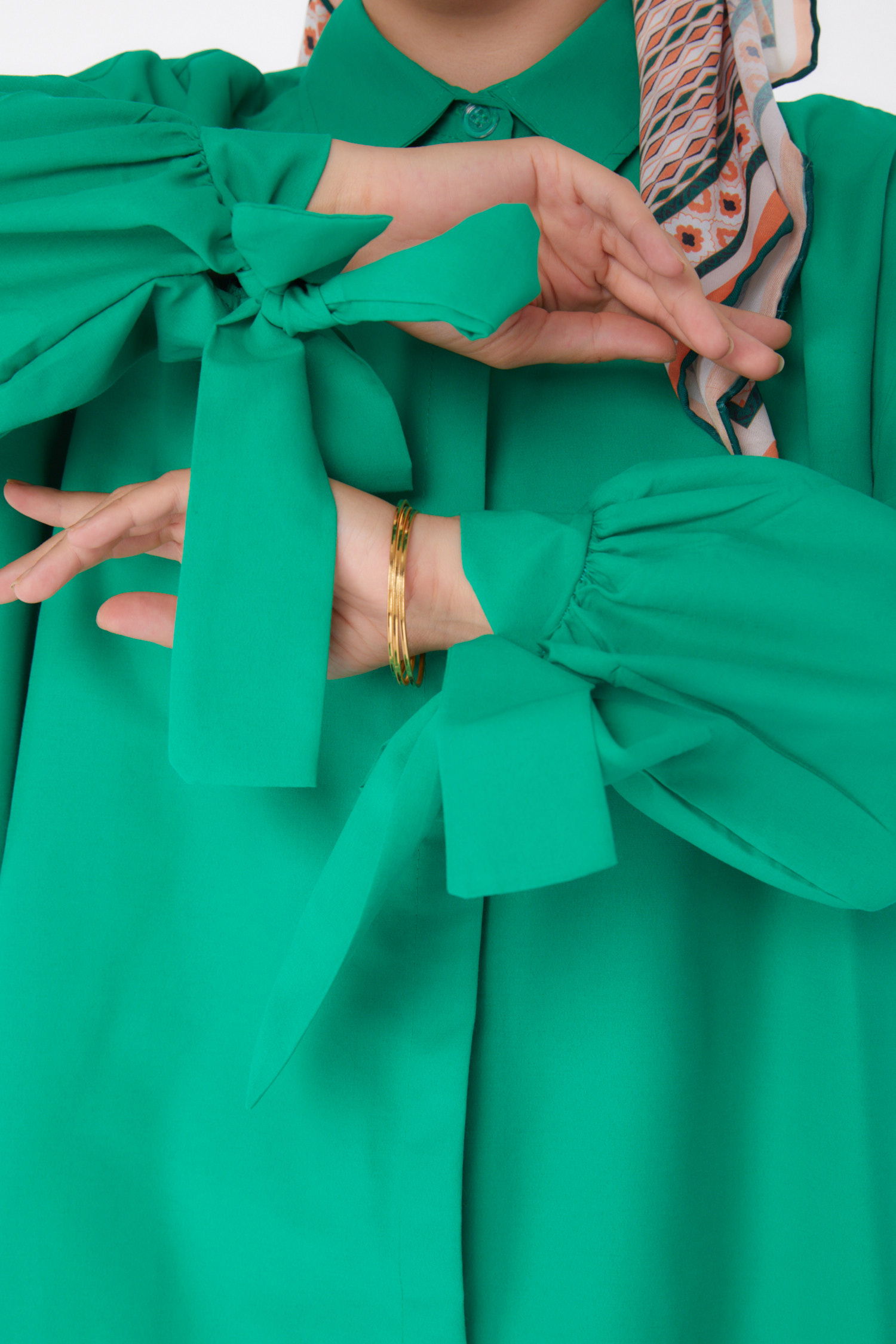 Düz Gömlek Yaka Kadın Yesil Tunik Pantolon İkili Takım - 13182 - 5