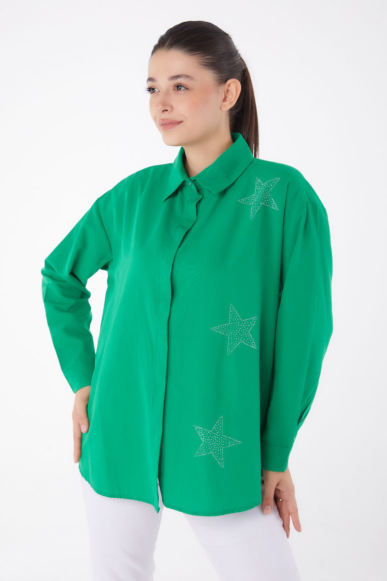 Düz Gömlek Yaka Kadın Yesil Yıldız Taşlı Gömlek - 13255 - TOFİSA