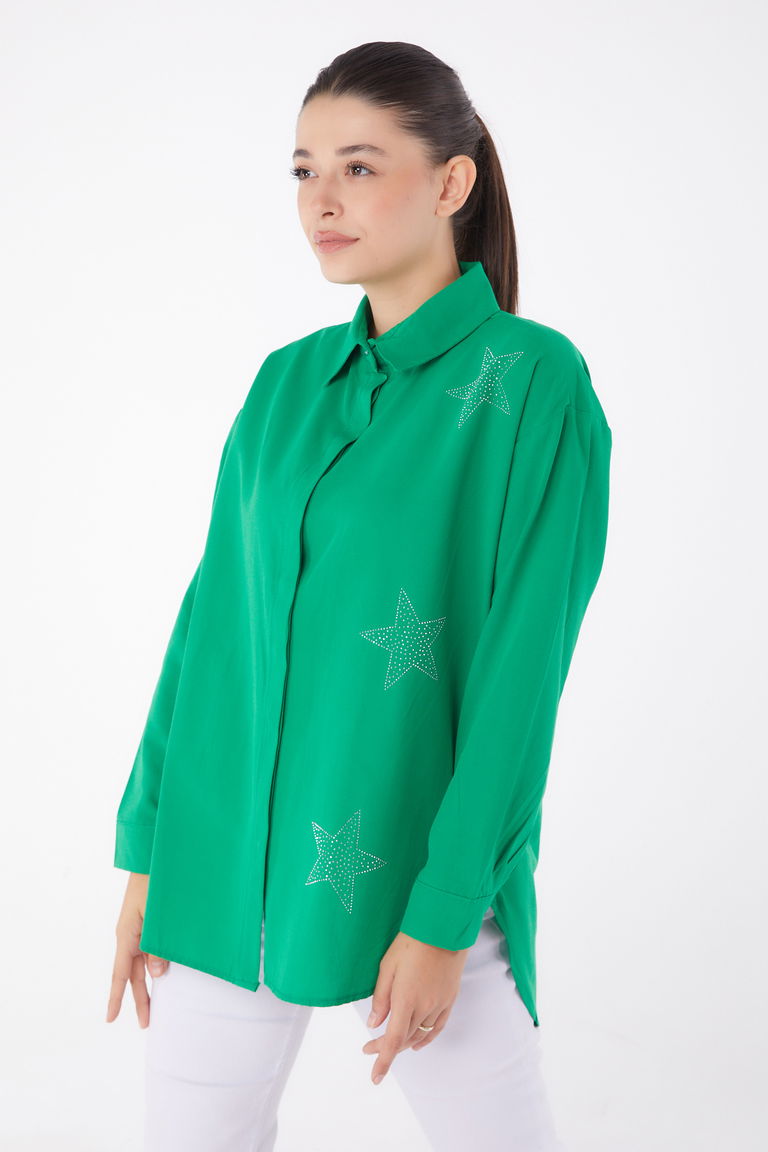 Düz Gömlek Yaka Kadın Yesil Yıldız Taşlı Gömlek - 13255 - TOFİSA