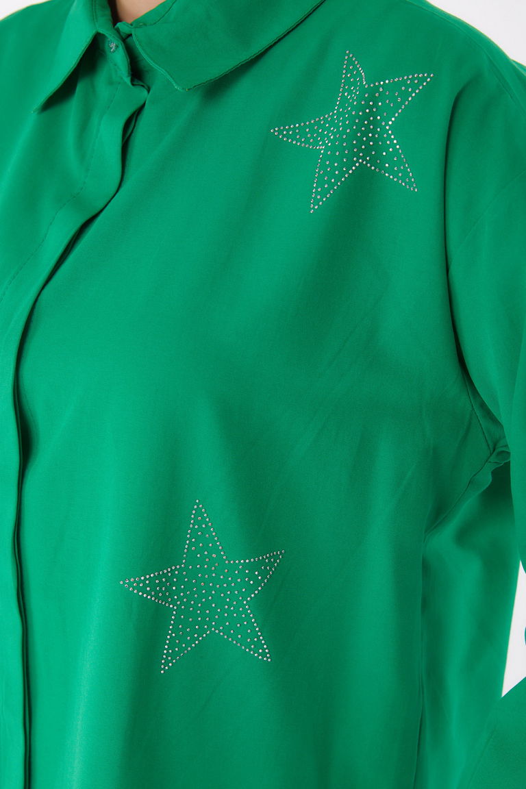 Düz Gömlek Yaka Kadın Yesil Yıldız Taşlı Gömlek - 13255 - TOFİSA