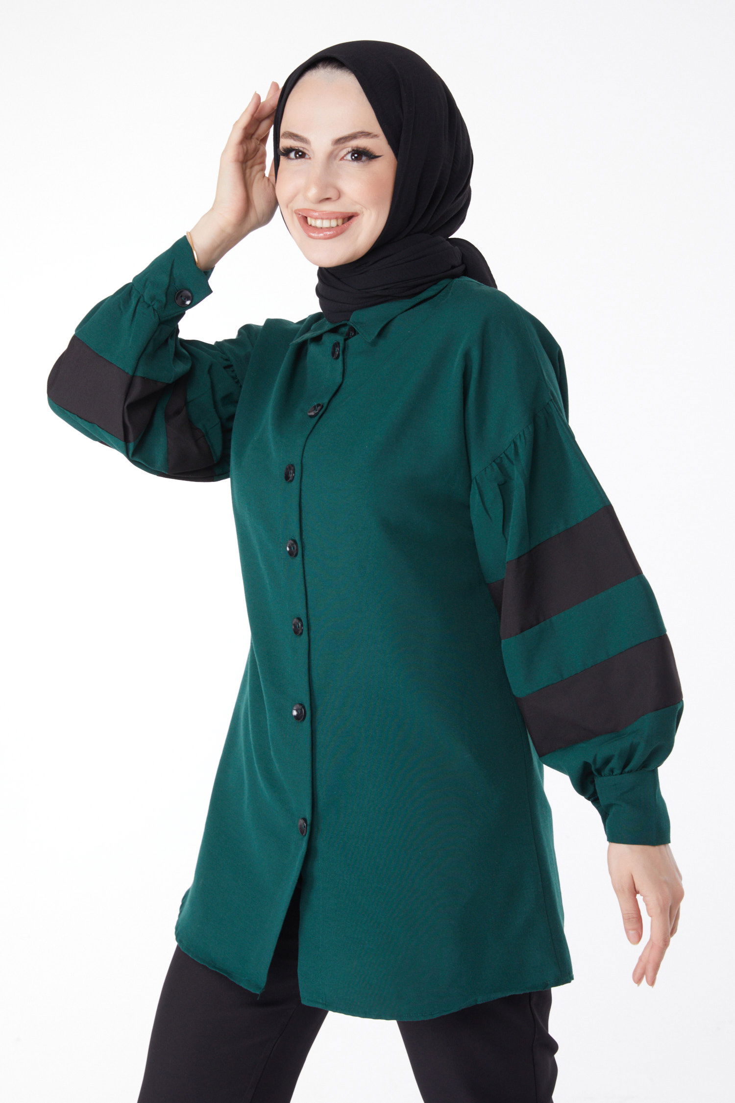 Balon Kollu Garnili Tunik Zümrüt - 13158 - 3