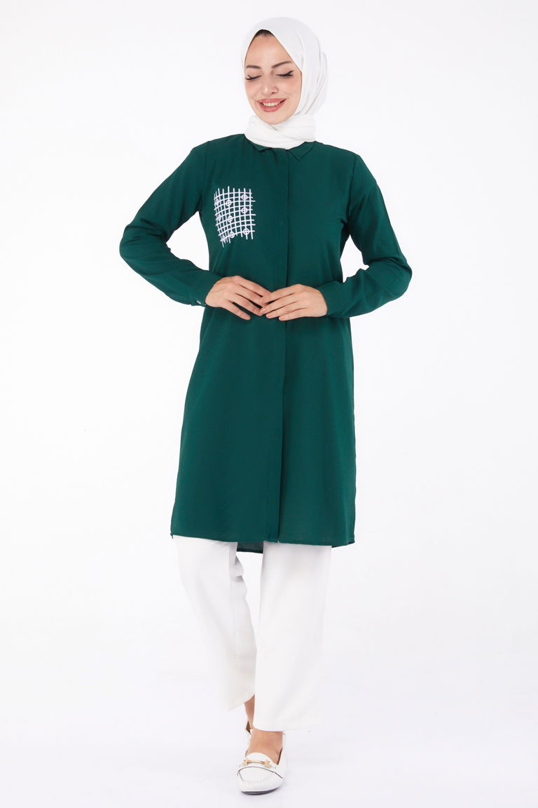 Cep Nakış Detaylı Tunik Zümrüt - 13123 - TOFİSA
