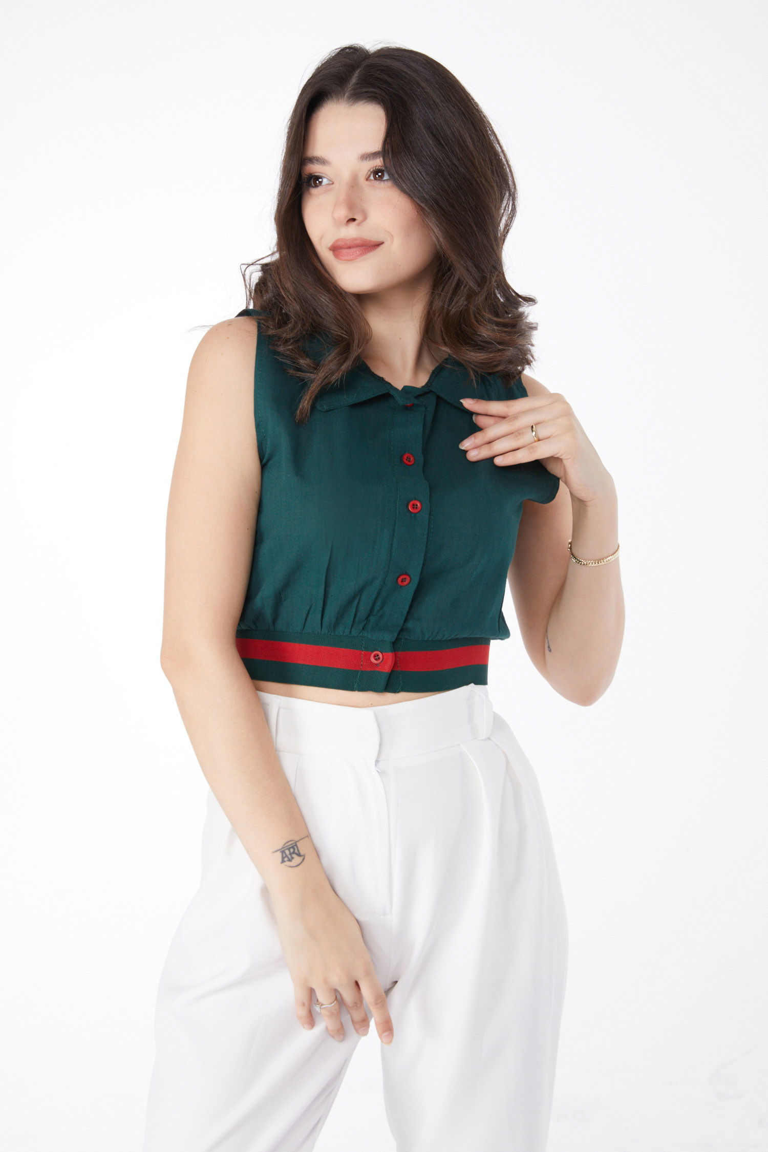 Etek Lastik Detaylı Crop Zümrüt - 13162 - 3