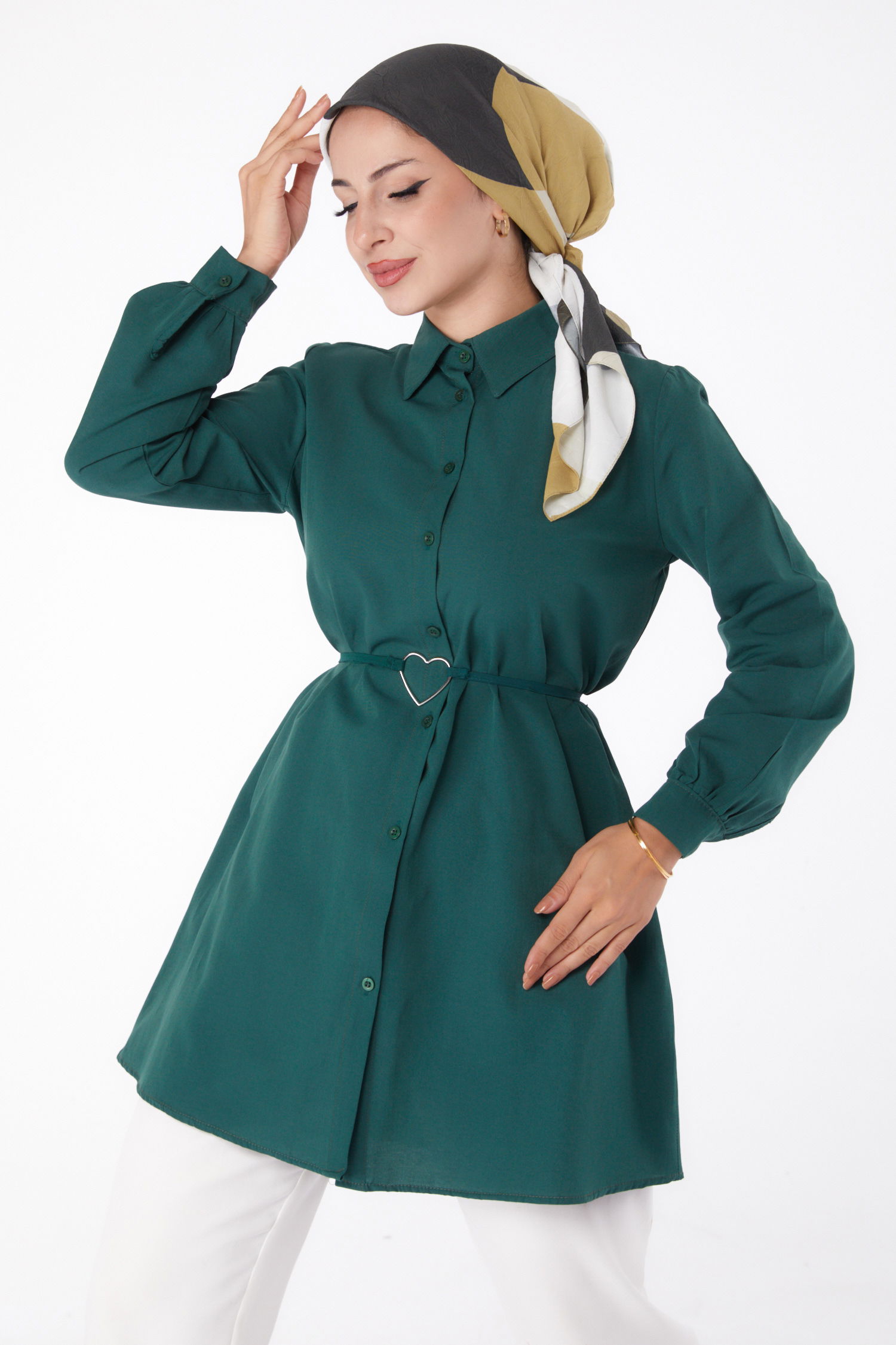 Düz Gömlek Yaka Kadın Zümrüt Tunik - 13280 - 3