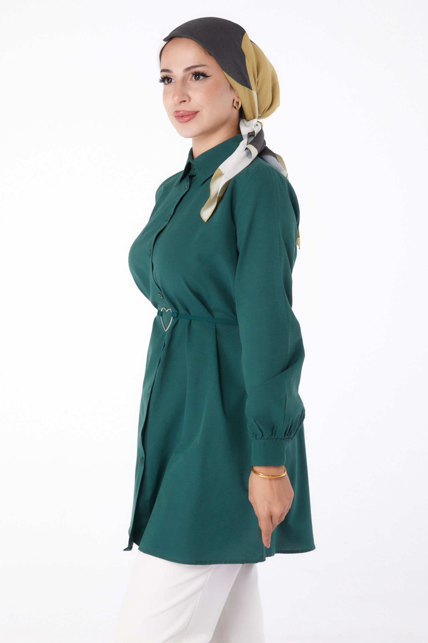 Düz Gömlek Yaka Kadın Zümrüt Tunik - 13280 - 4