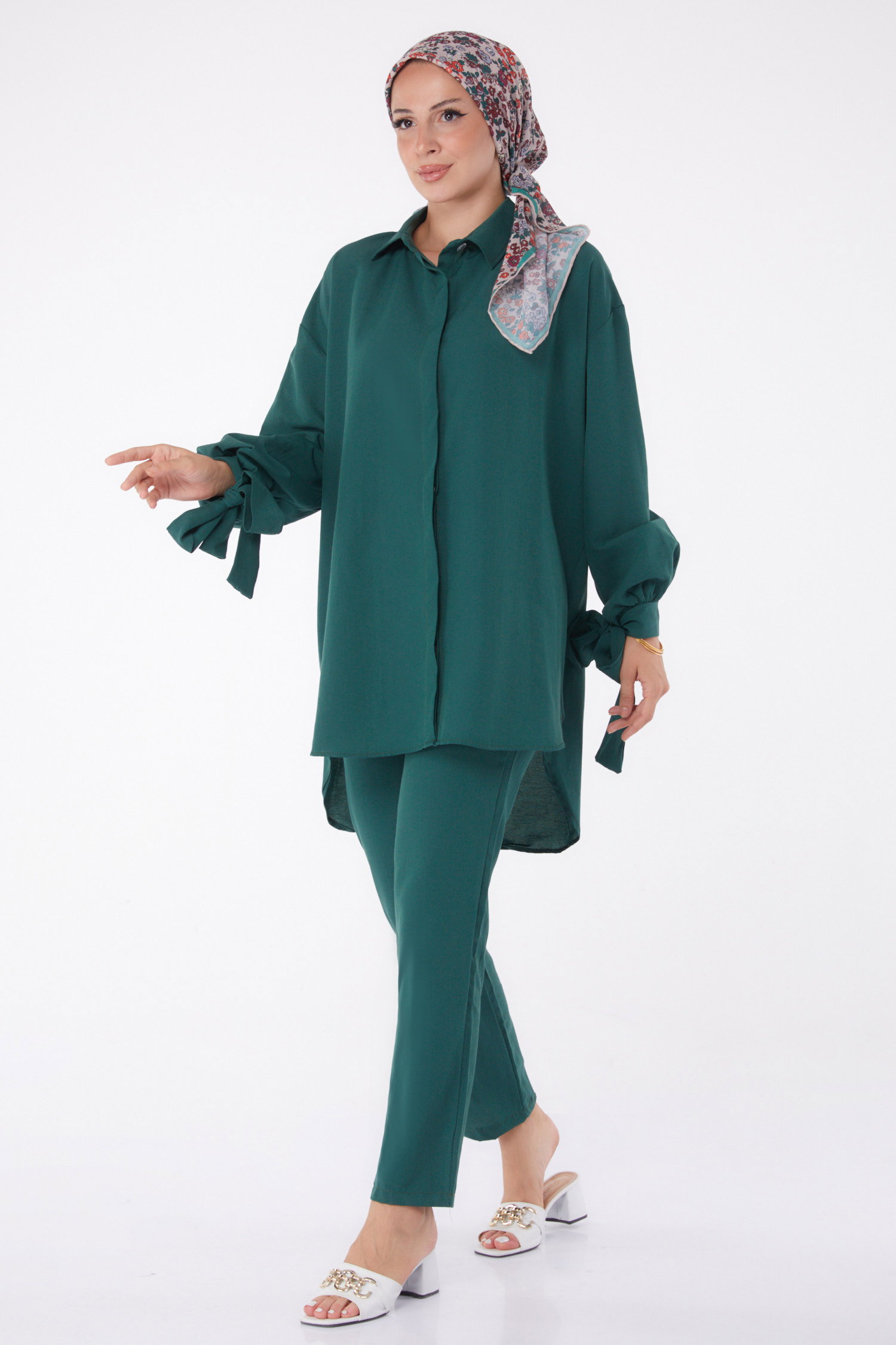 Düz Gömlek Yaka Kadın Zümrüt Tunik Pantolon İkili Takım - 13182 - 2