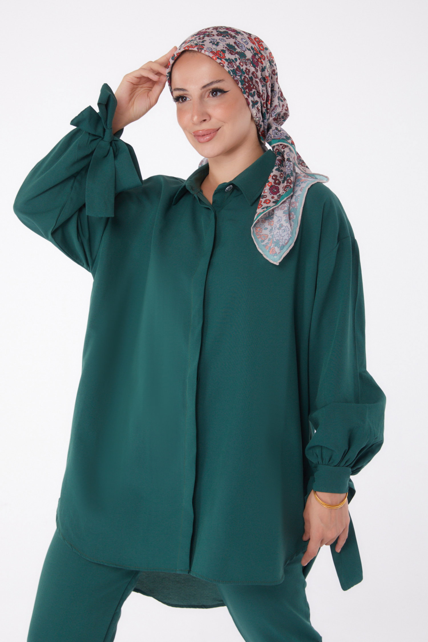 Düz Gömlek Yaka Kadın Zümrüt Tunik Pantolon İkili Takım - 13182 - 3