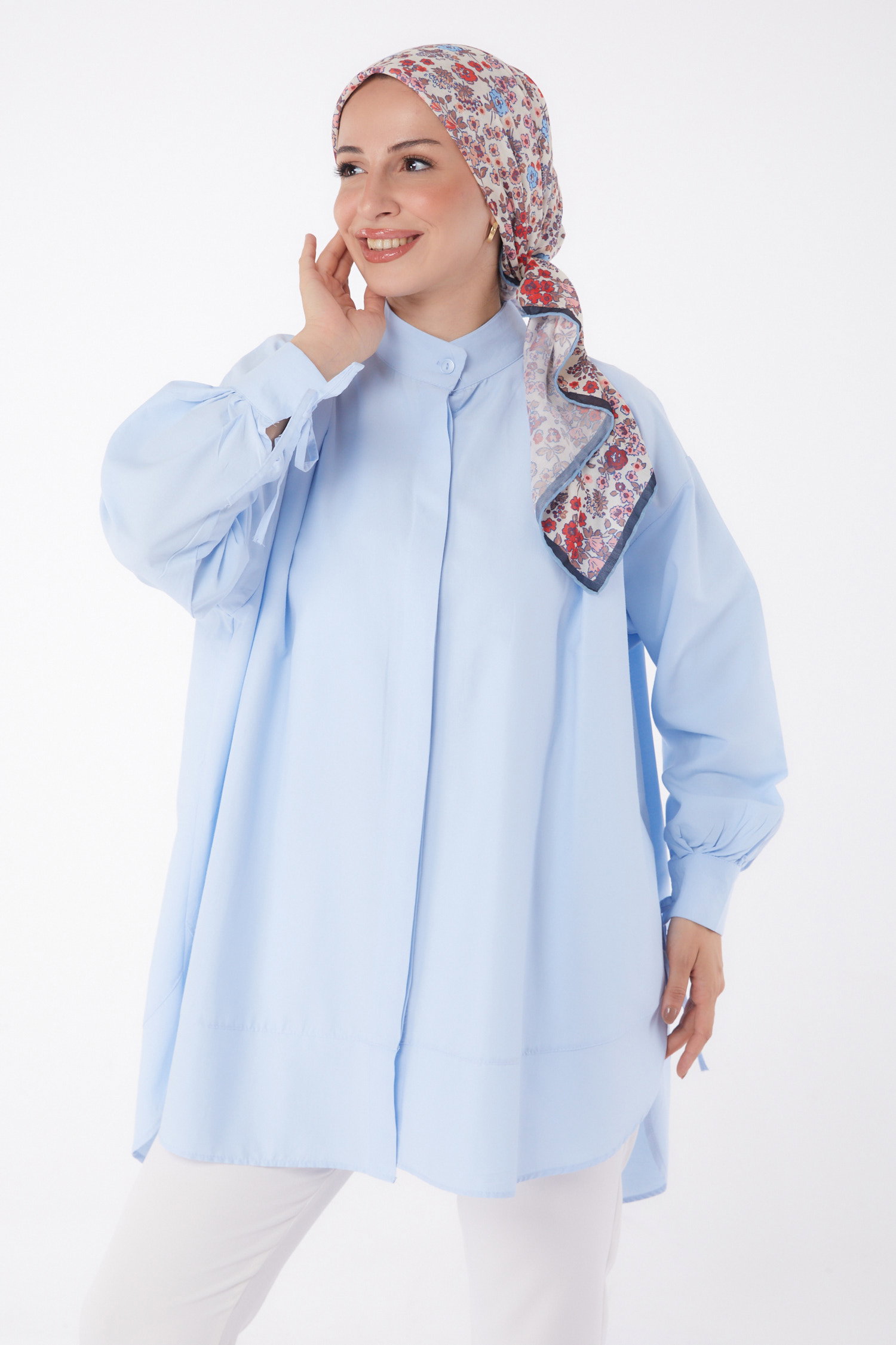 Düz Hakim Yaka Kadın Bebe Mavi Kol Biyeli Tunik - 26068 - 2