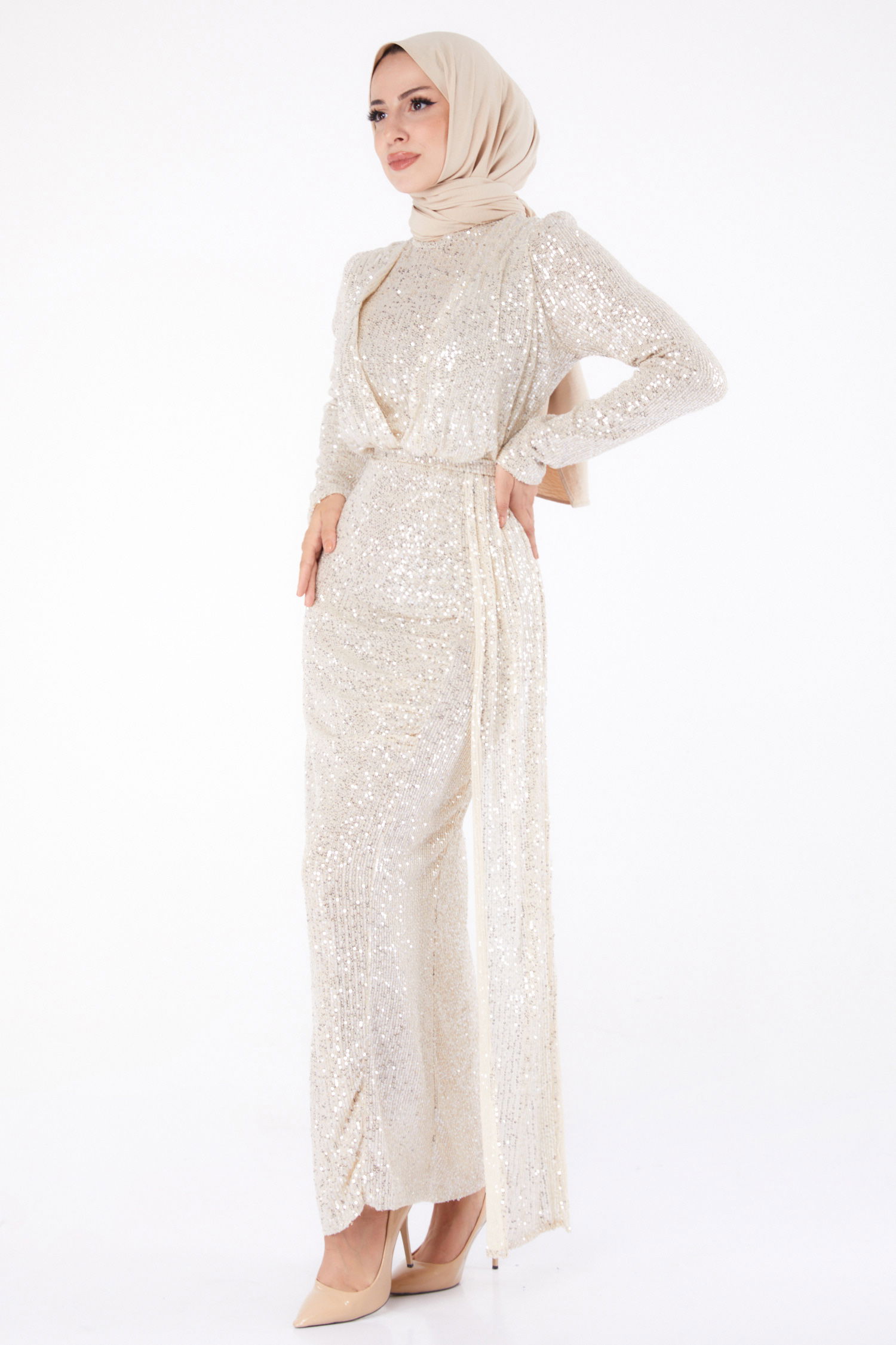 Payetli Abiye Elbise Bej - 24598 - 2