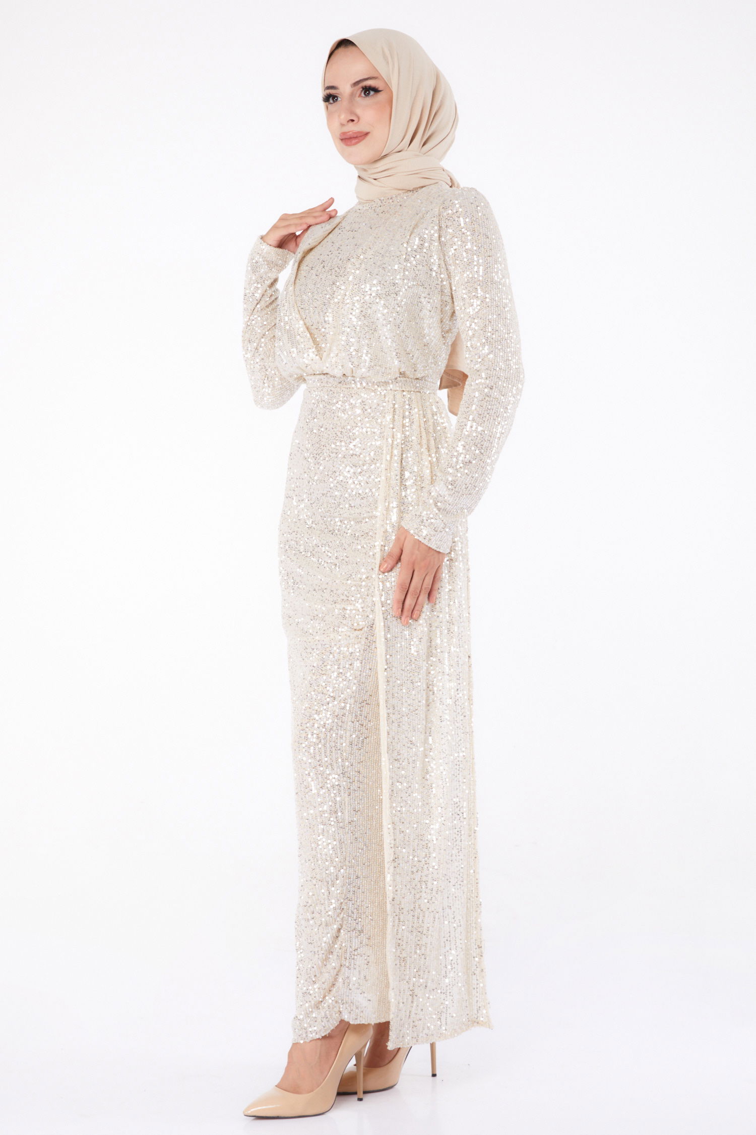 Payetli Abiye Elbise Bej - 24598 - 4