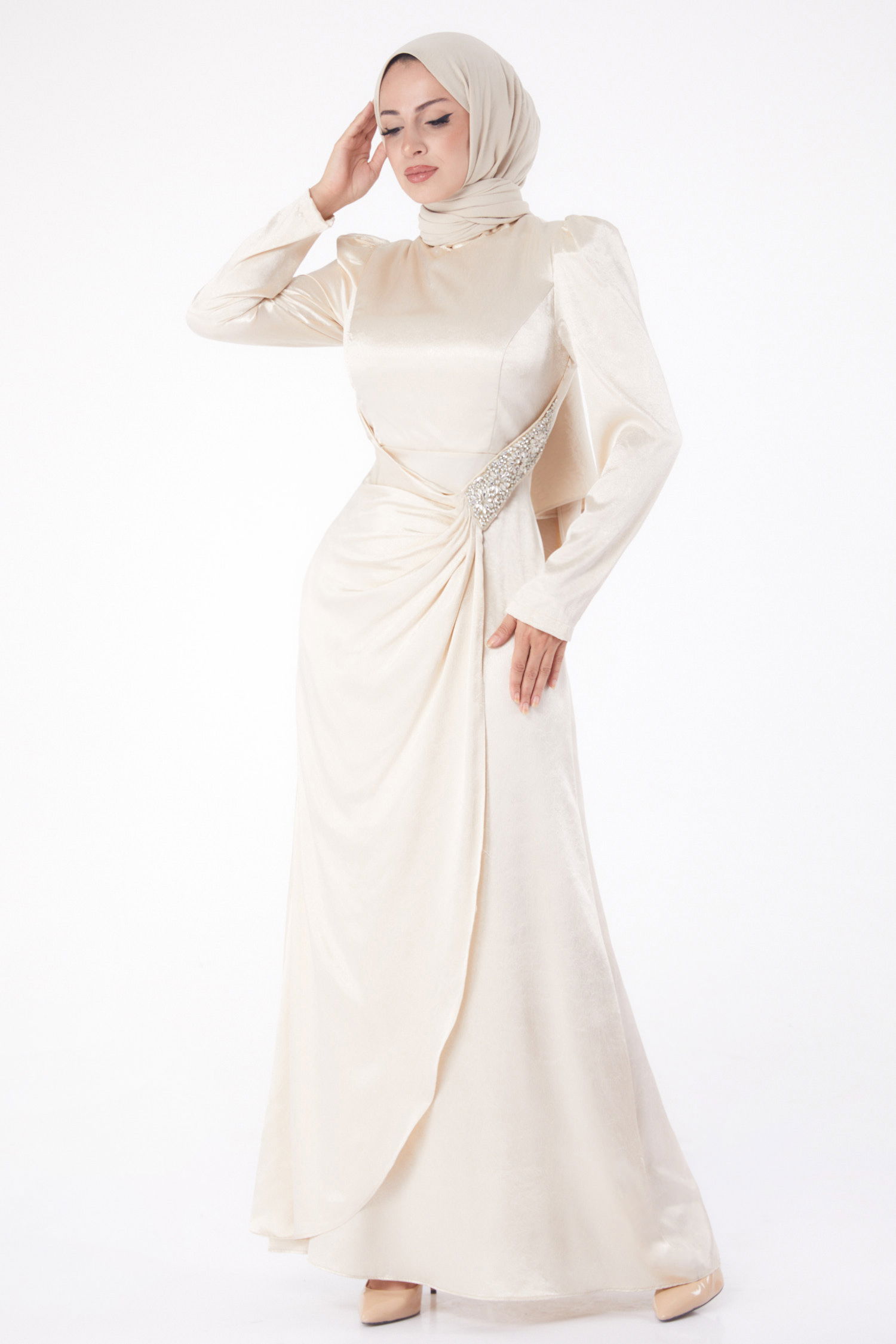 Taşlı Abiye Elbise Bej - 26192 - 1