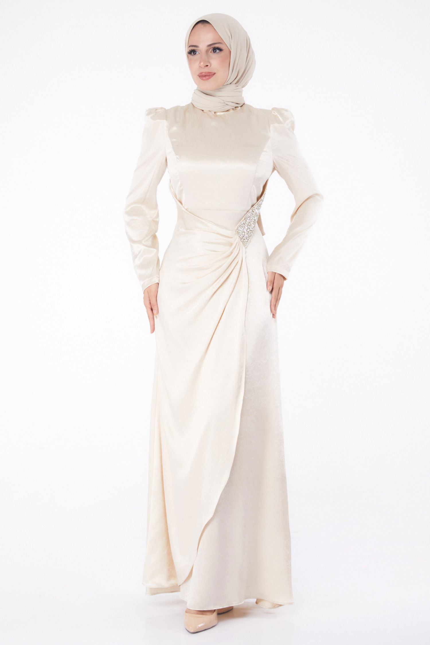 Taşlı Abiye Elbise Bej - 26192 - 3