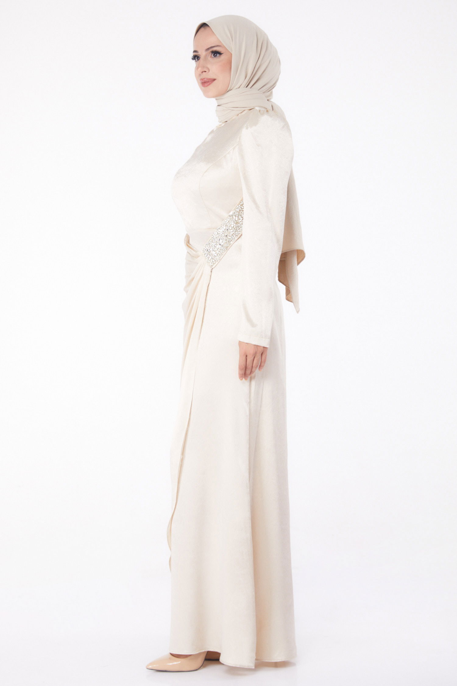 Taşlı Abiye Elbise Bej - 26192 - 4