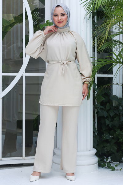 Düz Hakim Yaka Kadın Bej Tunik Pantolon İkili Takım - 13212 