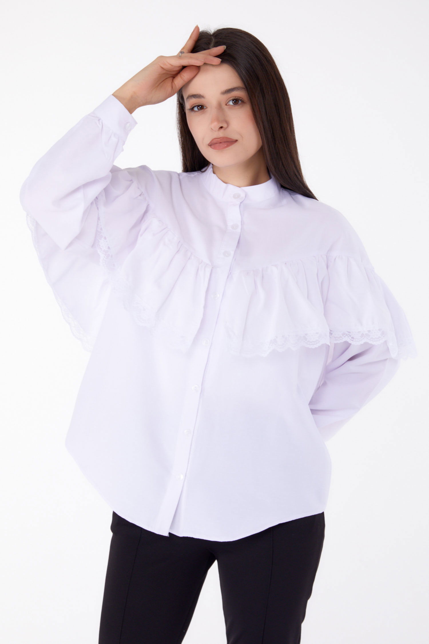 Düz Hakim Yaka Kadın Beyaz Dantelli Gömlek - 25683 - 1