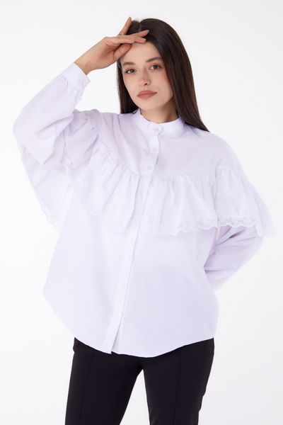 Düz Hakim Yaka Kadın Beyaz Dantelli Gömlek - 25683 