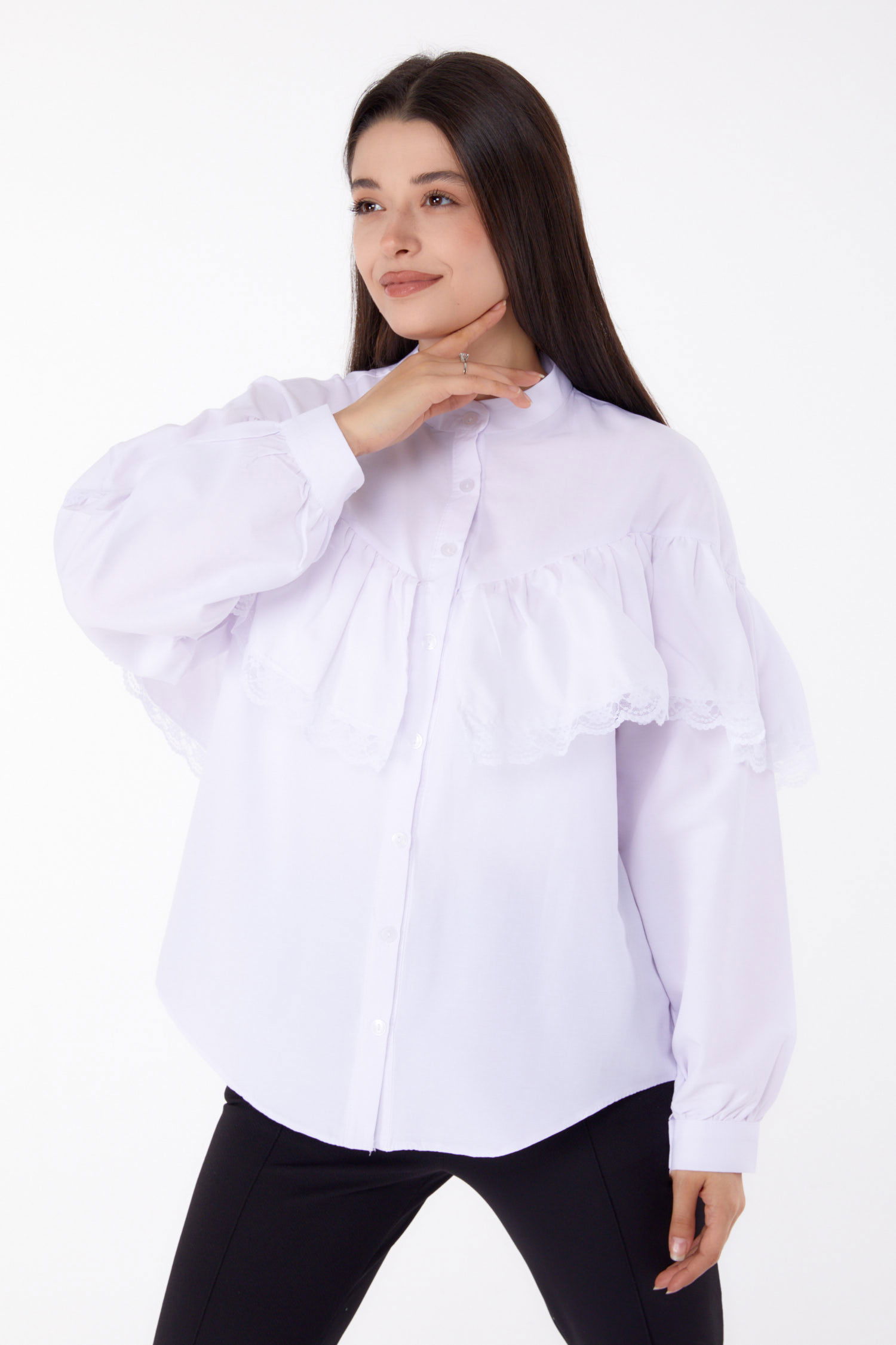 Düz Hakim Yaka Kadın Beyaz Dantelli Gömlek - 25683 - 2