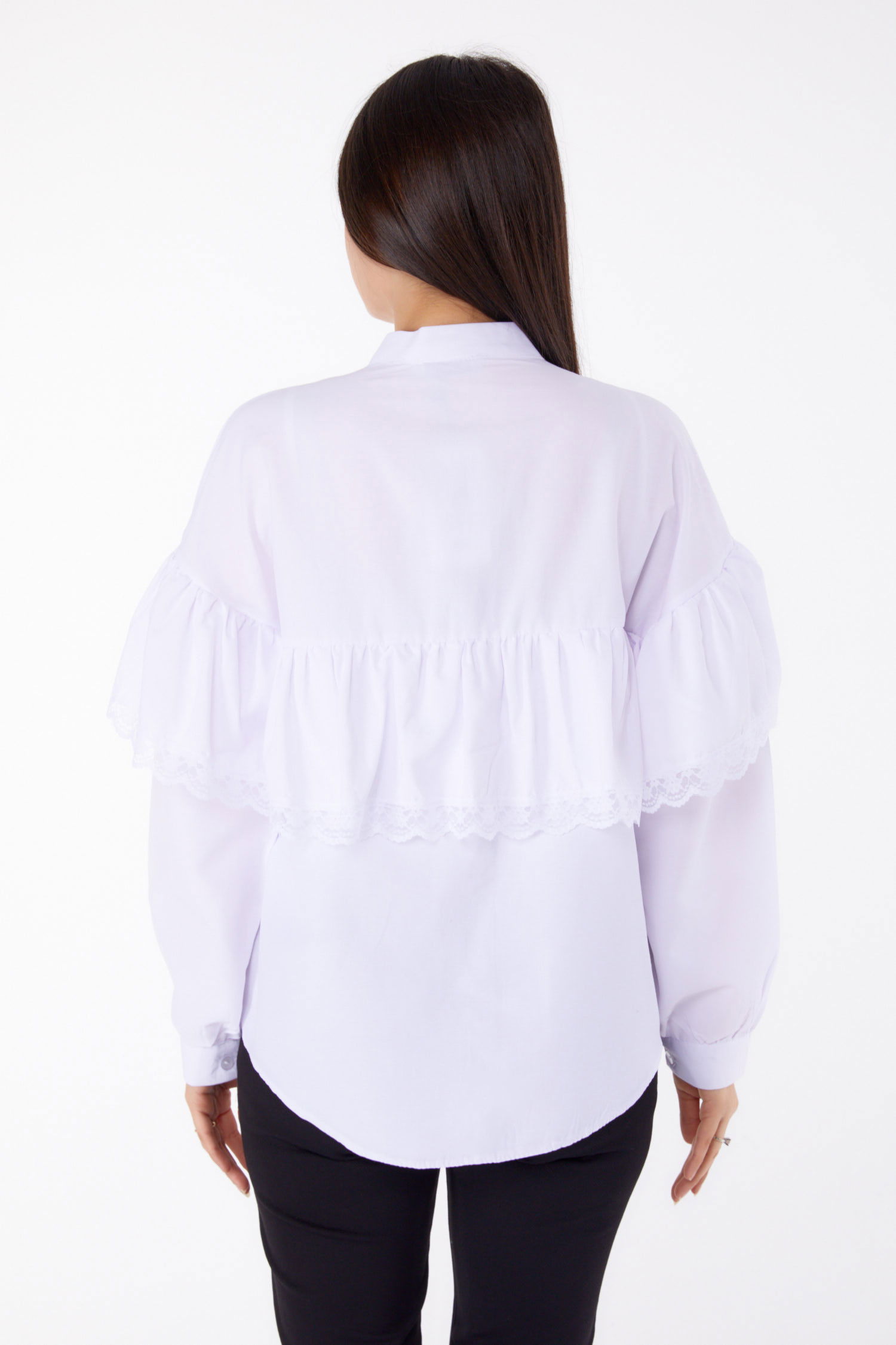 Düz Hakim Yaka Kadın Beyaz Dantelli Gömlek - 25683 - 4
