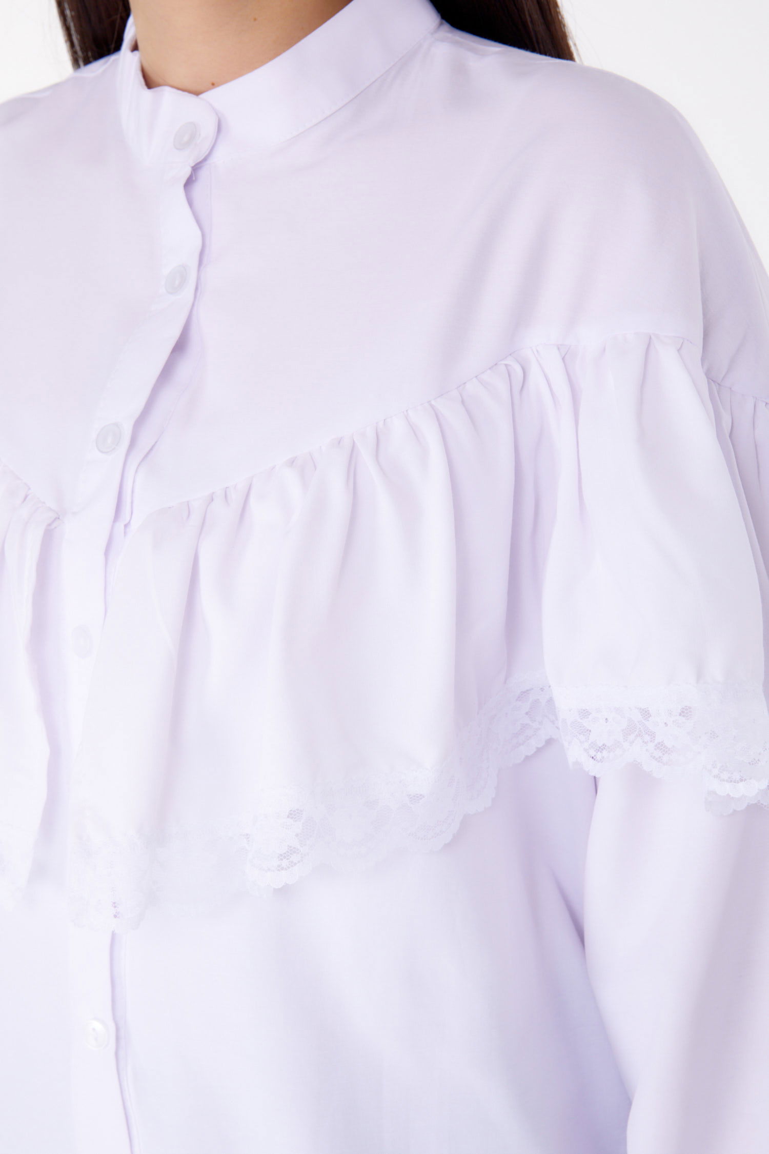 Düz Hakim Yaka Kadın Beyaz Dantelli Gömlek - 25683 - 5