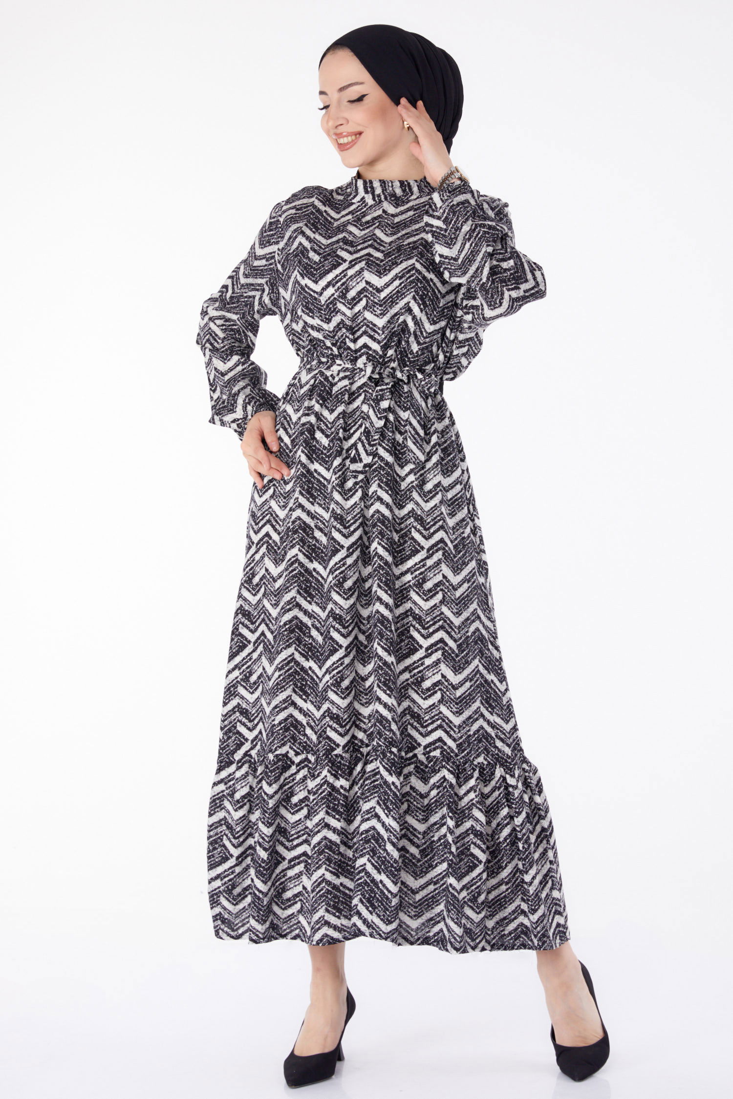 Kuşaklı Desenli Elbise Beyaz - 25464 - 3