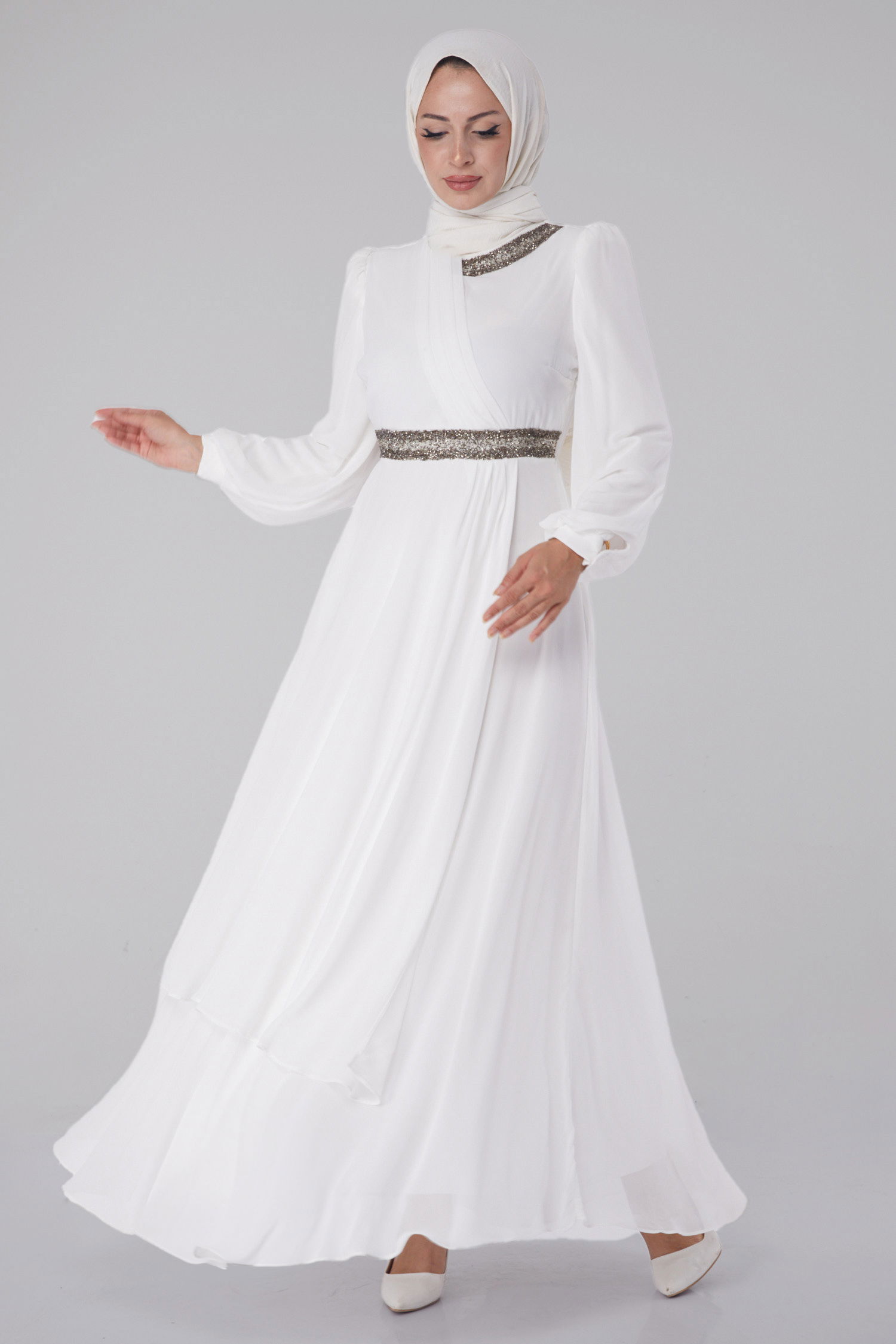 Taşlı Şifon Elbise Beyaz - 26255 - 1