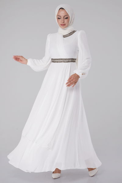 Taşlı Şifon Elbise Beyaz - 26255 