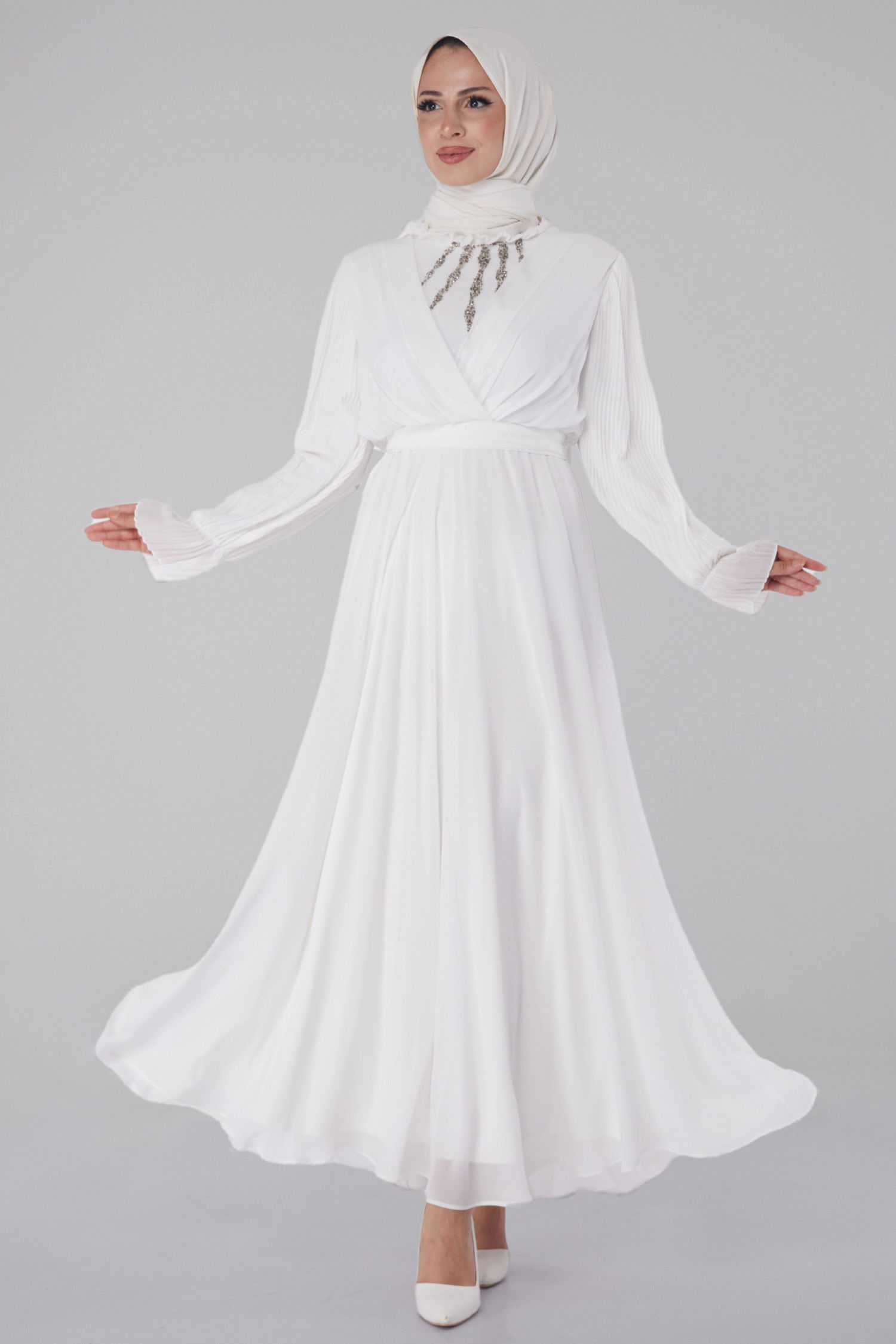 Taşlı Şifon Elbise Beyaz - 26256 - 1