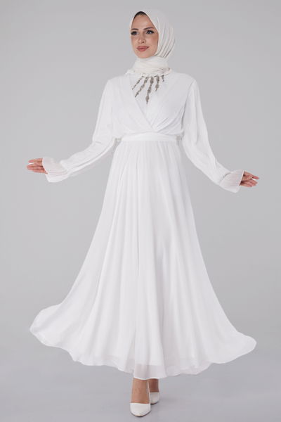Taşlı Şifon Elbise Beyaz - 26256 