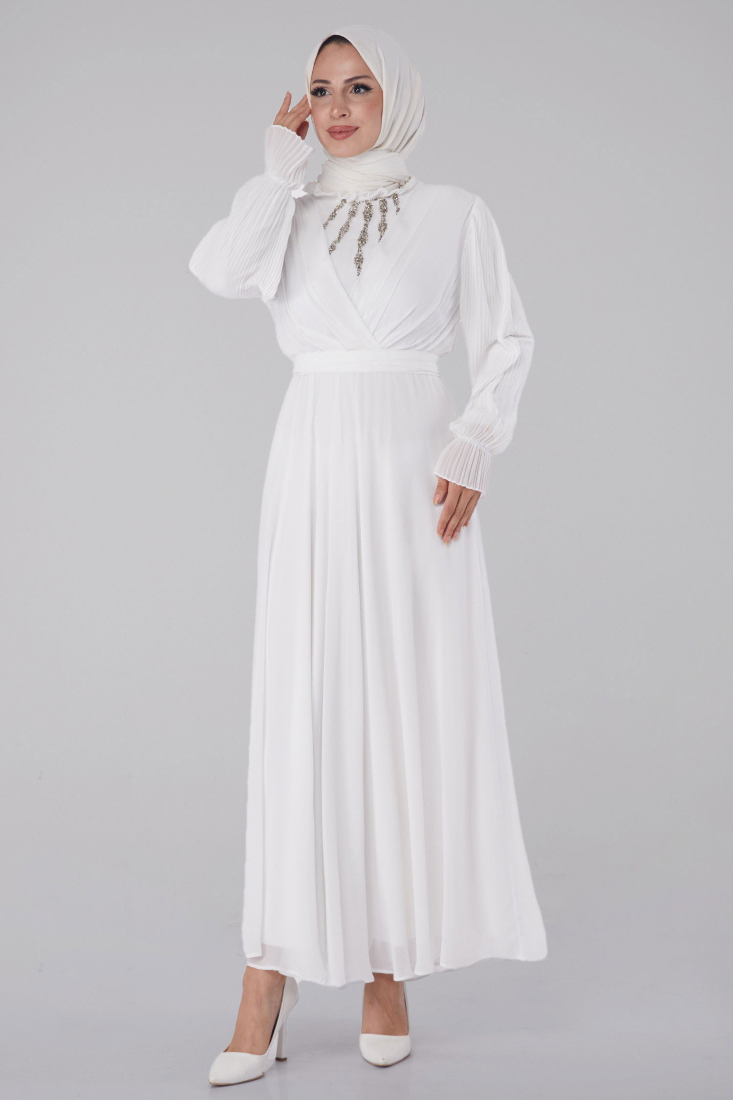 Taşlı Şifon Elbise Beyaz - 26256 - 2
