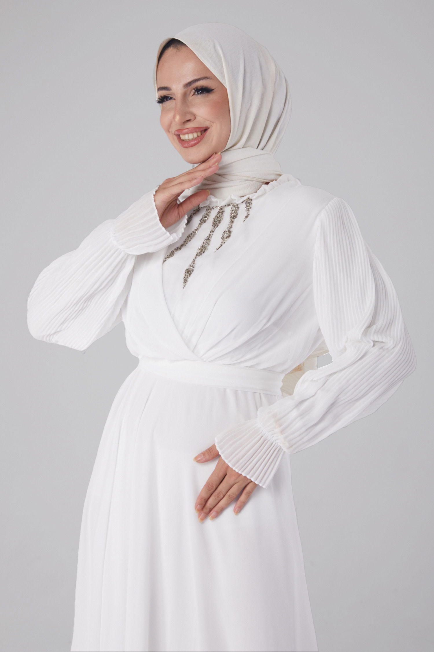 Taşlı Şifon Elbise Beyaz - 26256 - 3