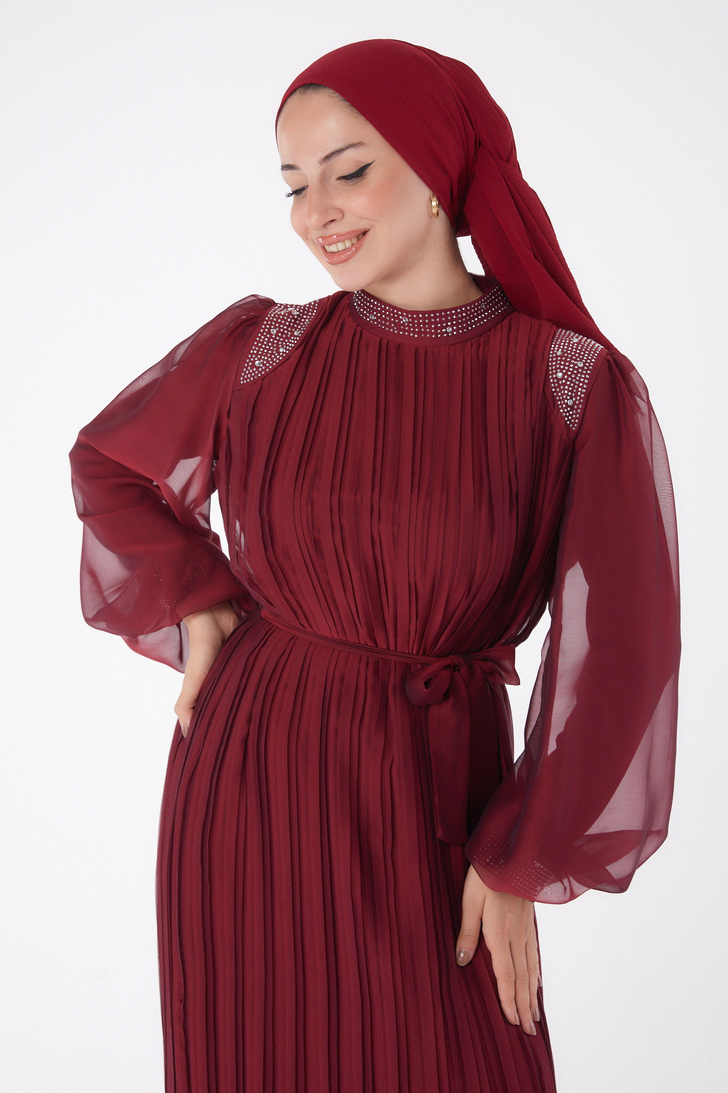 Bol Kollu Abiye Elbise Bordo - 26082 - 3