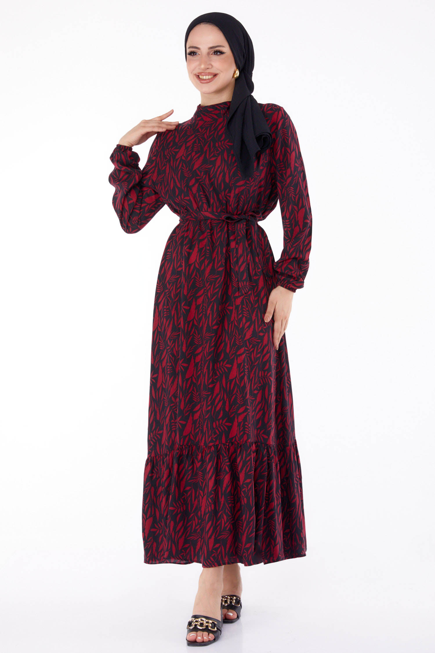 Düz Hakim Yaka Kadın Bordo Desenli Elbise - 25711 - 1