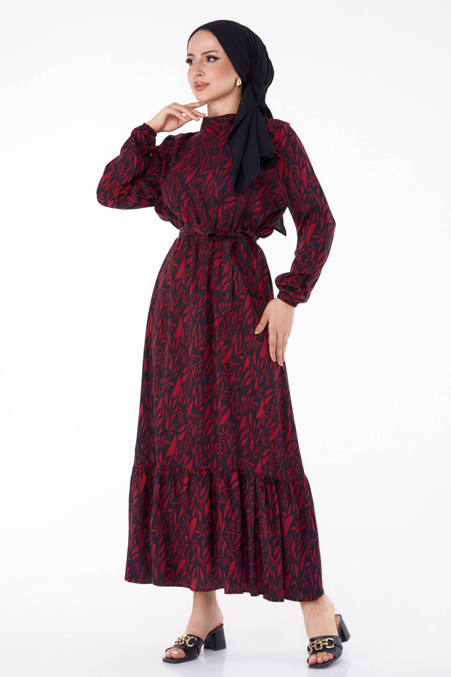 Düz Hakim Yaka Kadın Bordo Desenli Elbise - 25711 - 2