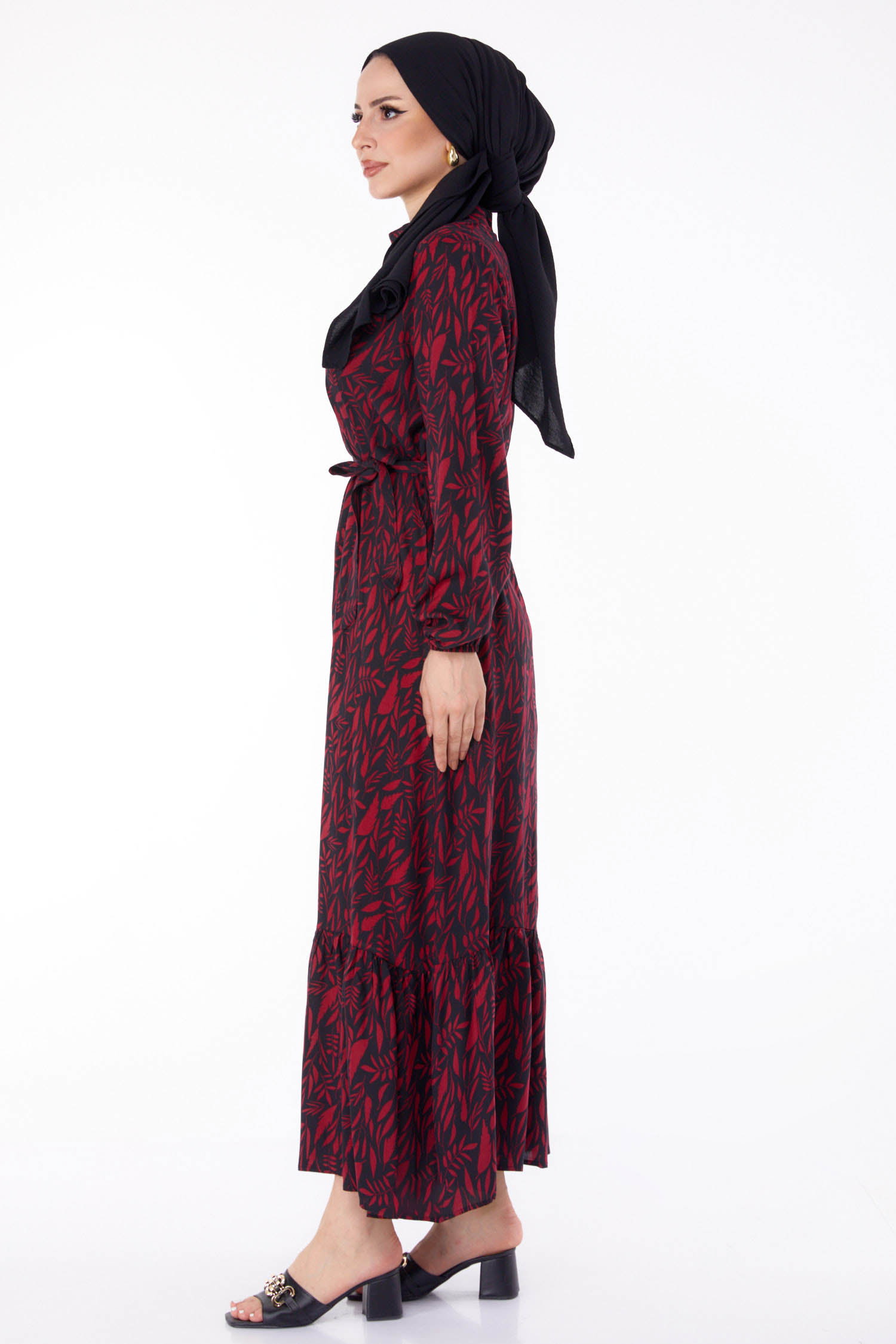 Düz Hakim Yaka Kadın Bordo Desenli Elbise - 25711 - 4