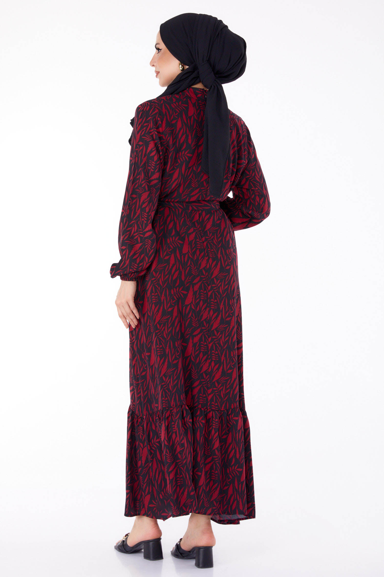 Düz Hakim Yaka Kadın Bordo Desenli Elbise - 25711 - 5
