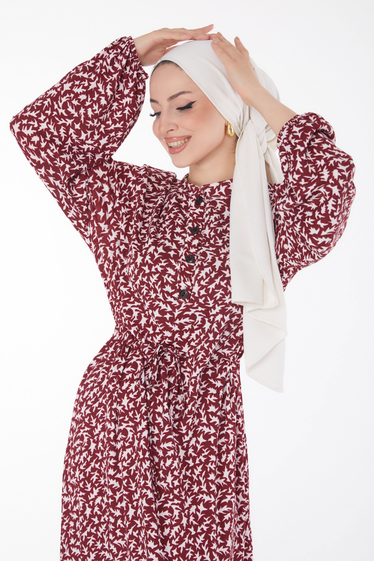 Düğmeli Desenli Elbise Bordo - 25715 - 1
