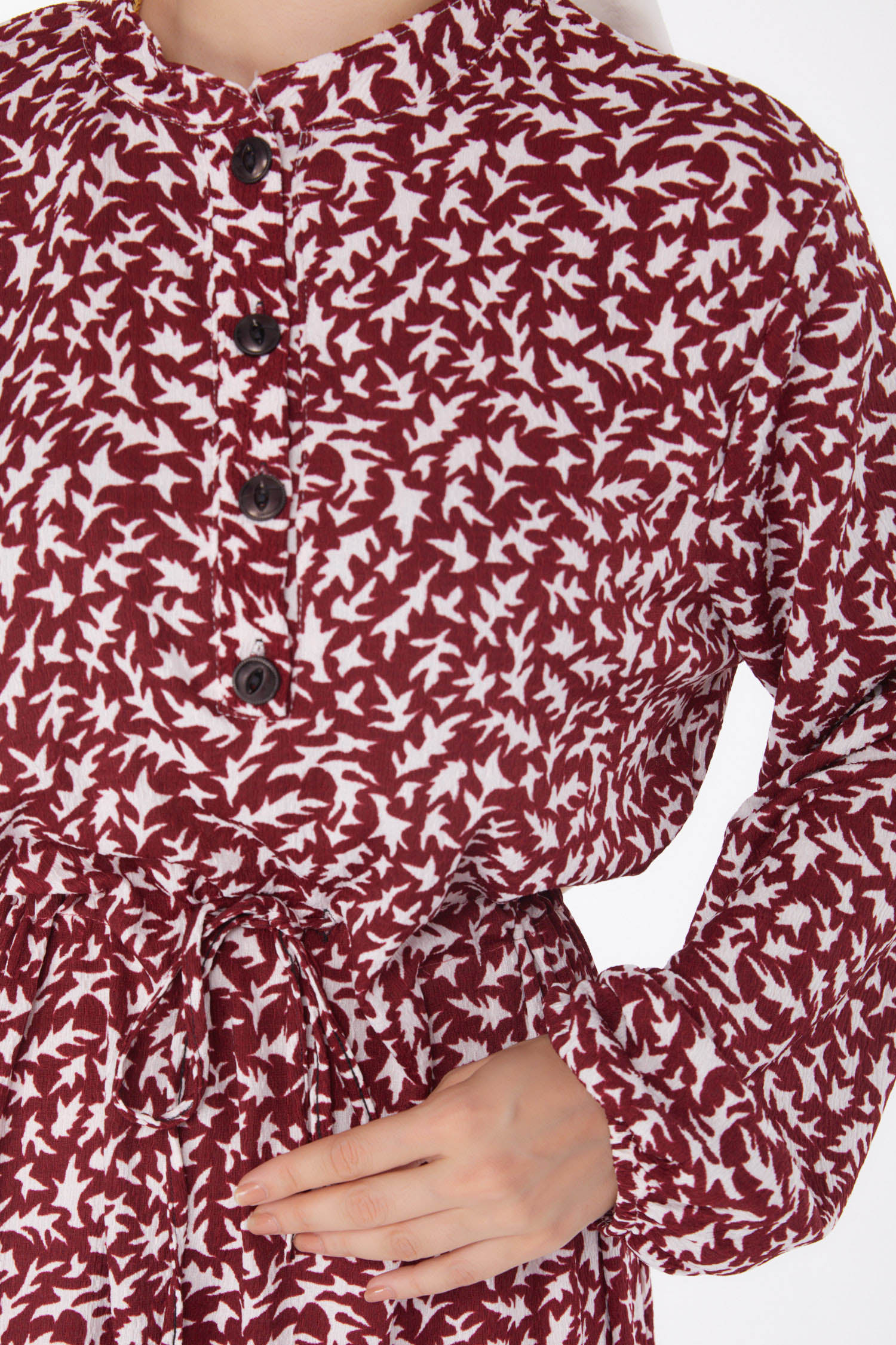 Düğmeli Desenli Elbise Bordo - 25715 - 6