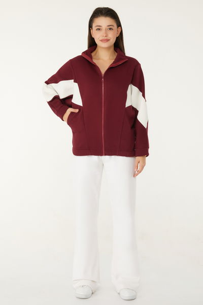 Düz Hakim Yaka Kadın Bordo Fermuarlı sweatshirt - 26543 