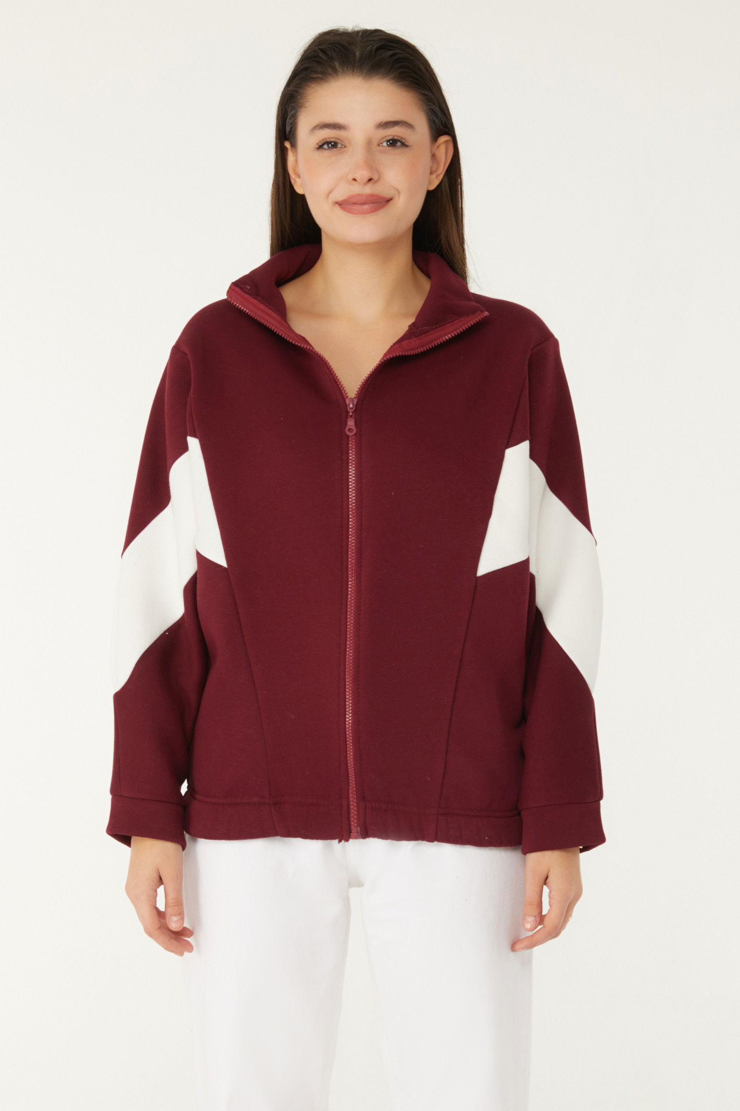 Düz Hakim Yaka Kadın Bordo Fermuarlı sweatshirt - 26543 - 2