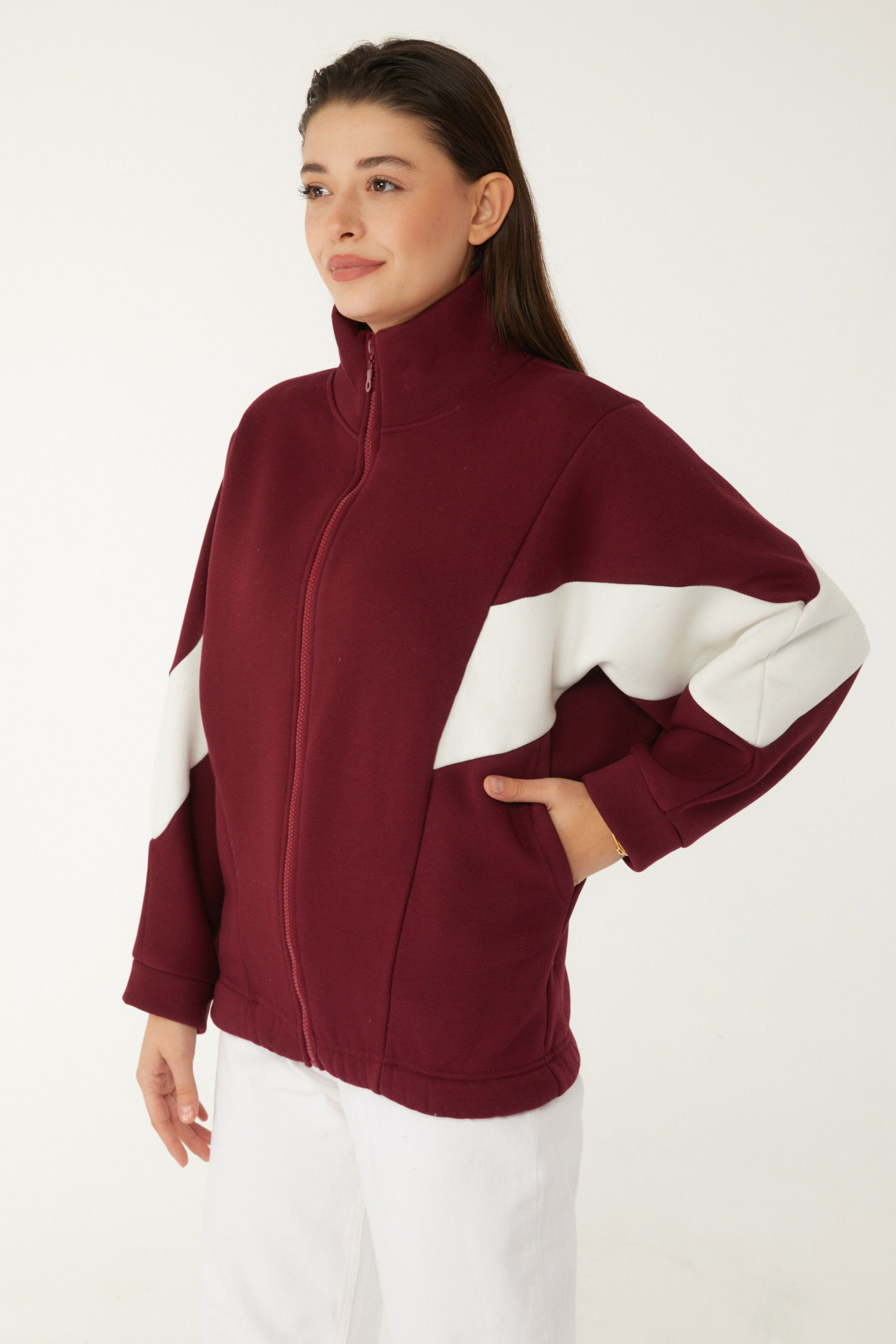 Düz Hakim Yaka Kadın Bordo Fermuarlı sweatshirt - 26543 - 4