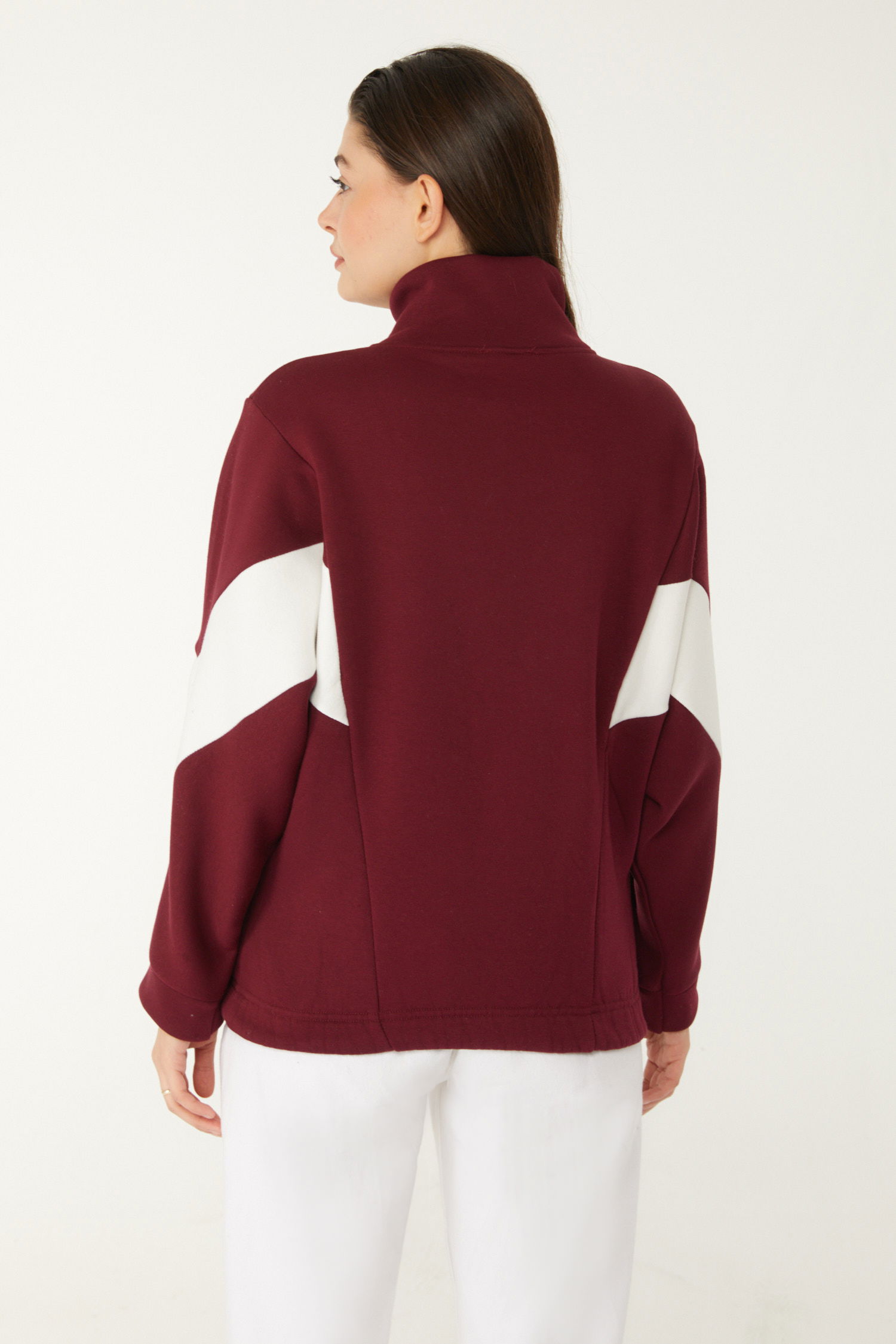 Düz Hakim Yaka Kadın Bordo Fermuarlı sweatshirt - 26543 - 5