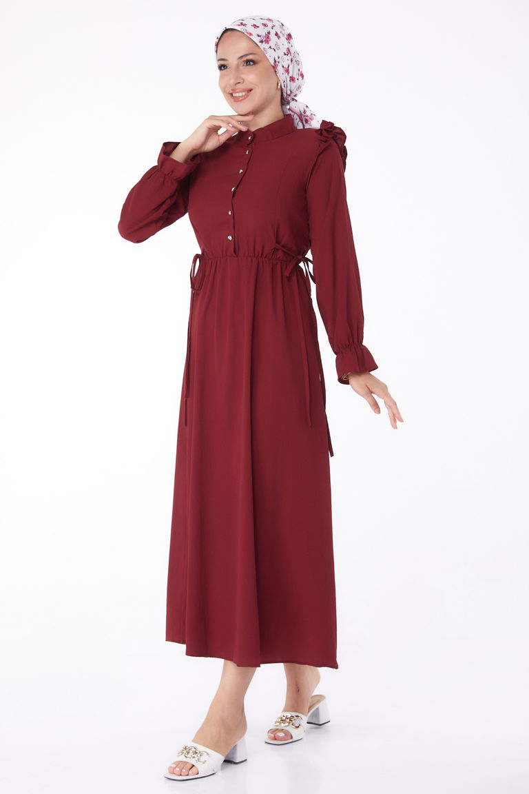 Fırfırlı Elbise Bordo - 13269 - TOFİSA