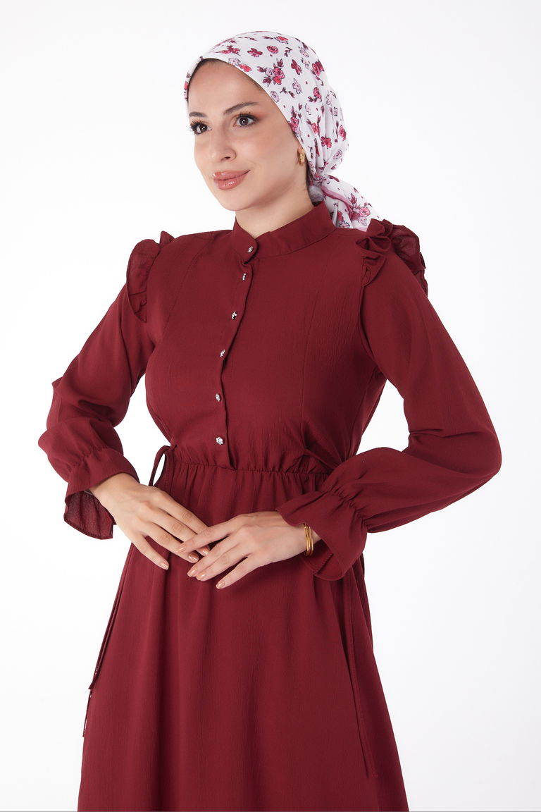 Fırfırlı Elbise Bordo - 13269 - TOFİSA